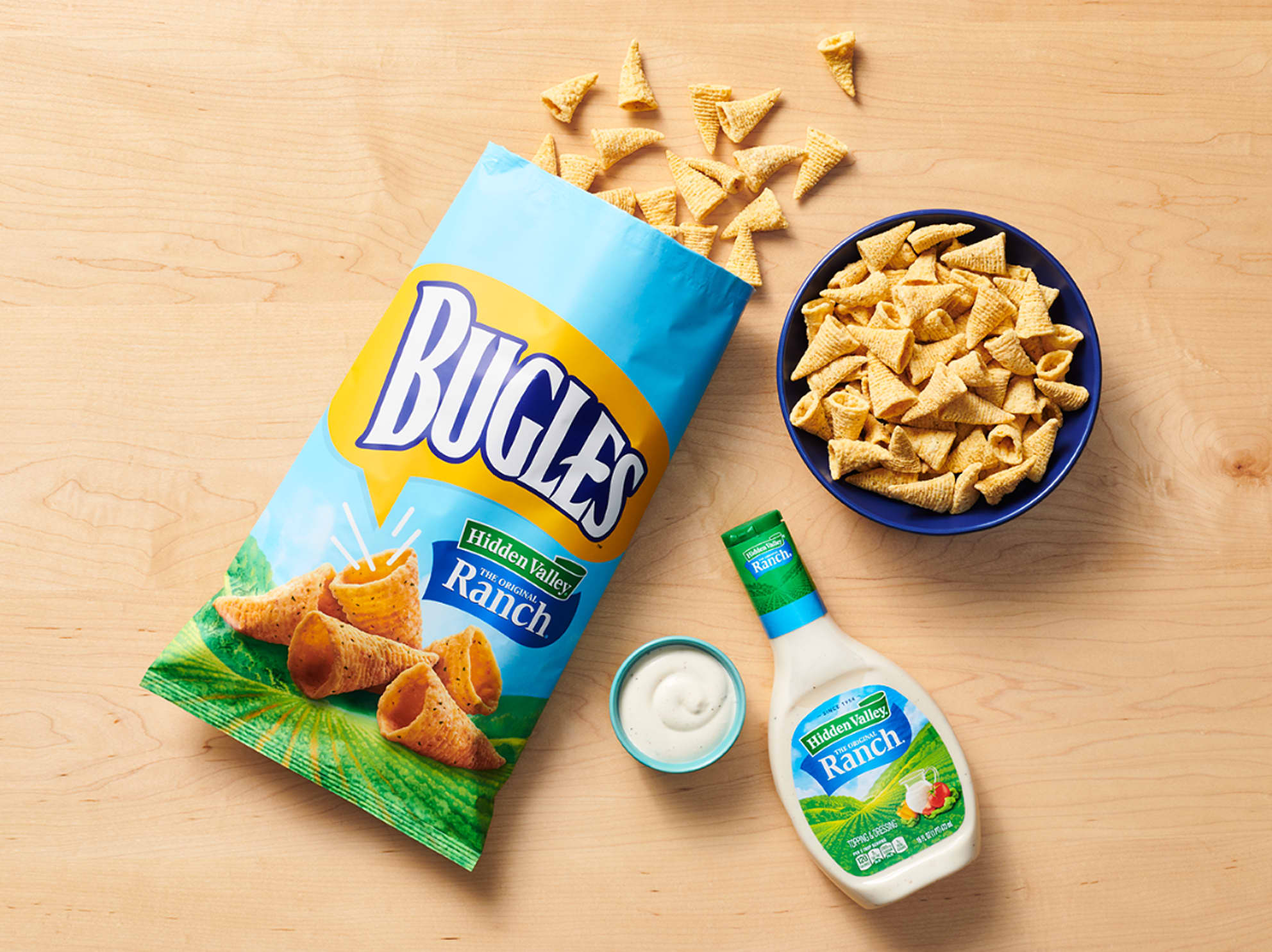 Hidden Valley Ranch Bugles next to a bottle of Ranch dressing